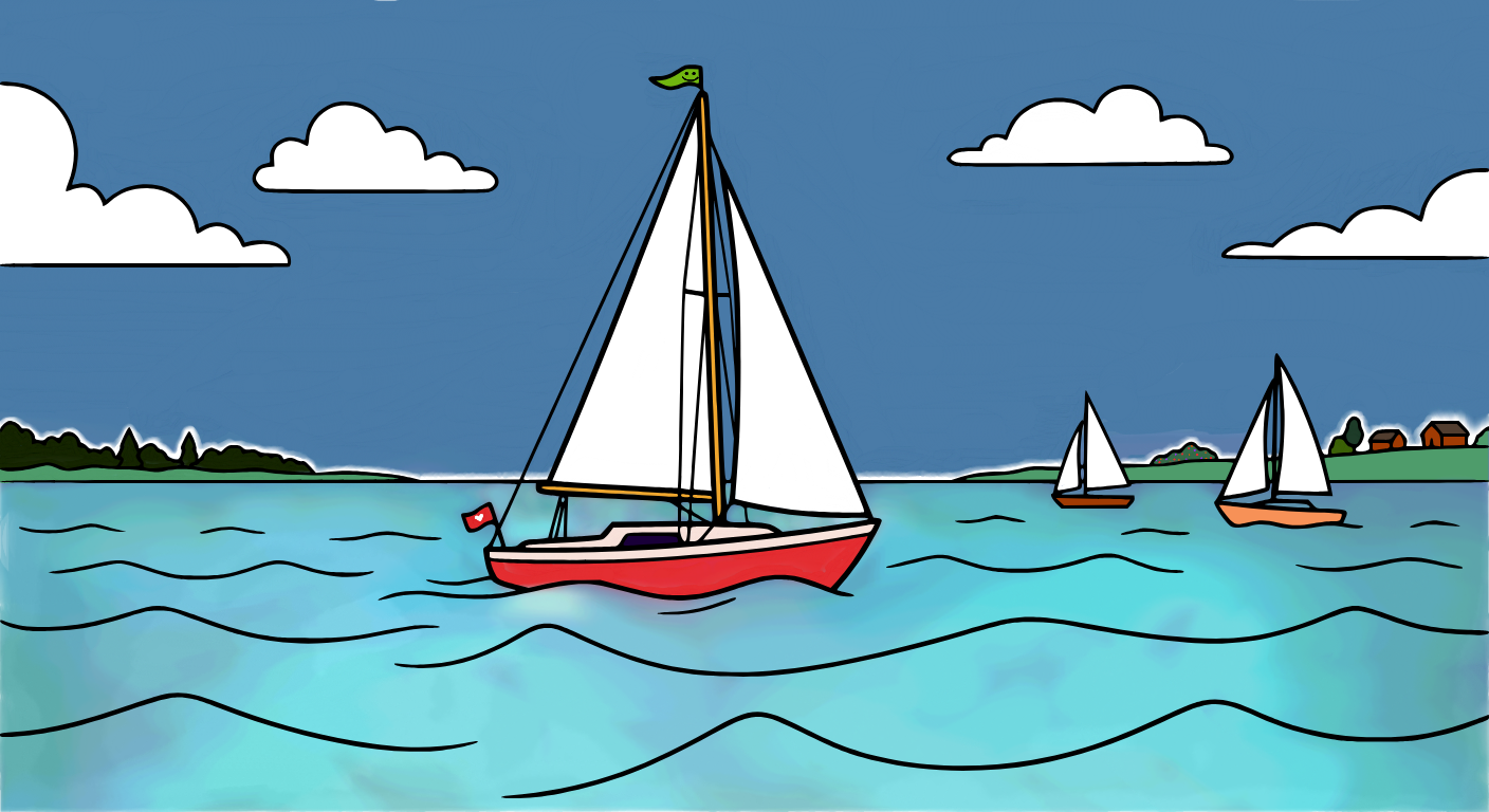 Sailboats on gentle ocean waves, colored by strag